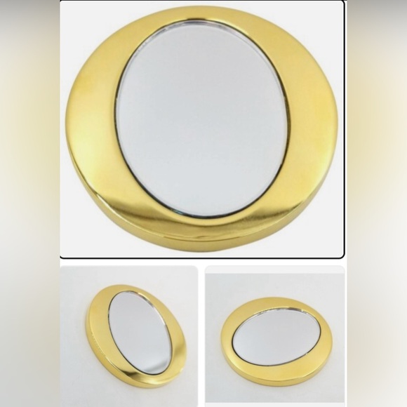 CHRISTIAN DIOR-VINTAGE 1980s GOLD-TONE VANITY POCKET MIRROR W/NAVY VELOUR POUCH - Picture 3 of 7